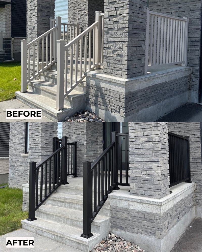 Before and after: front porch fitted with new black aluminum railings