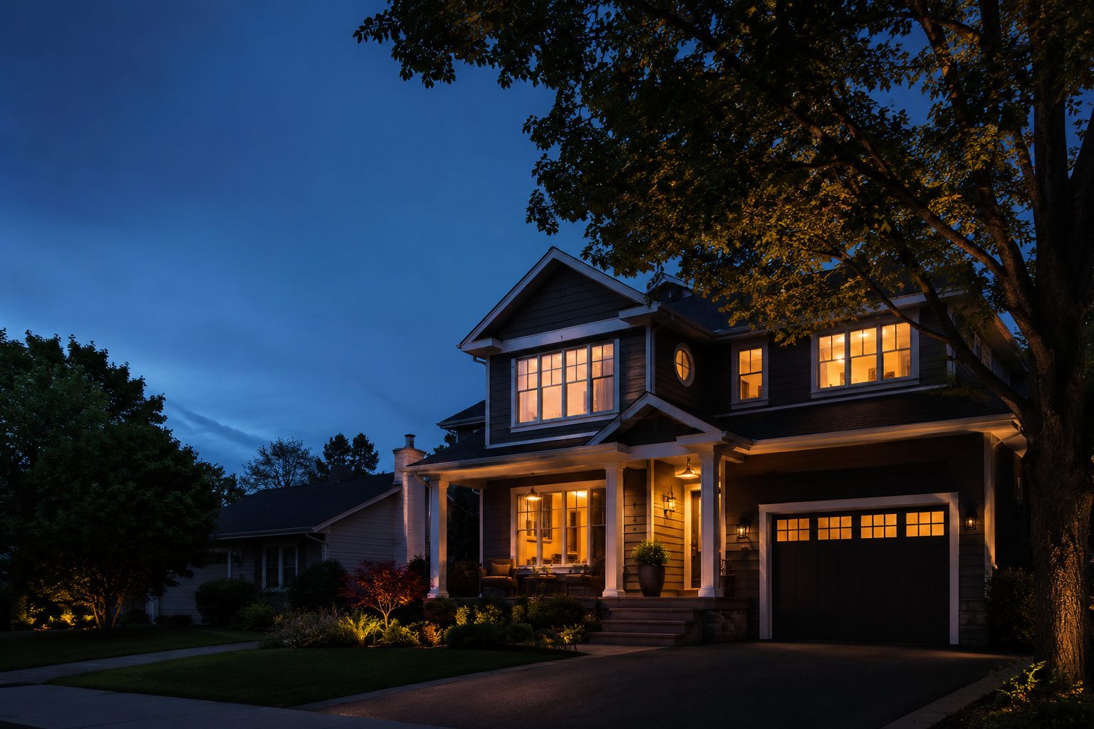 Modern home exterior at night with warm-lit windows